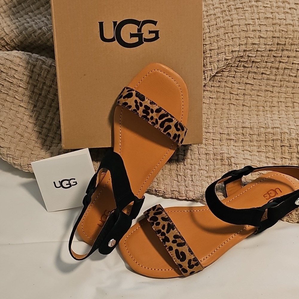 UGG Black and Leopard Print Slingback Sandals